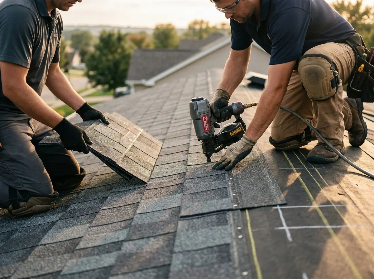 Professional roofer working on a residential roof in Jeannette